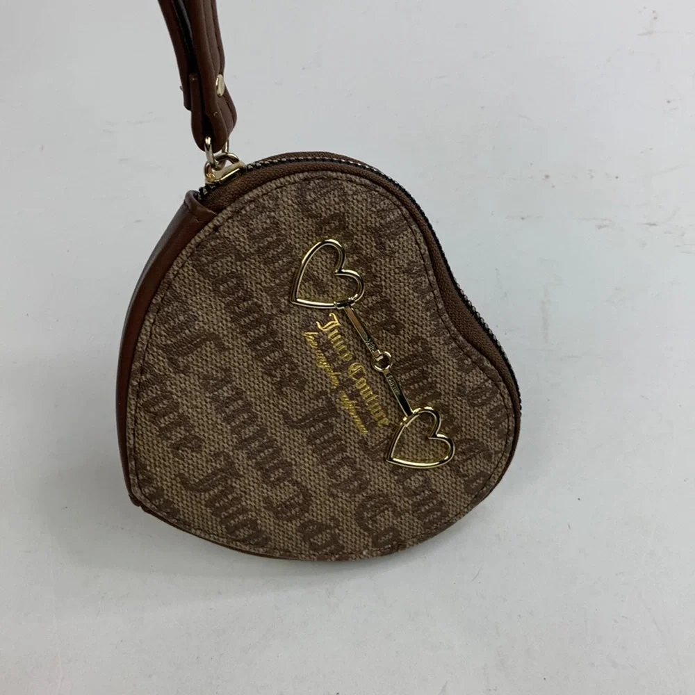 Juicy Couture Brown Gold Heart Wristlet bag pouch clutch Zip closure Strap